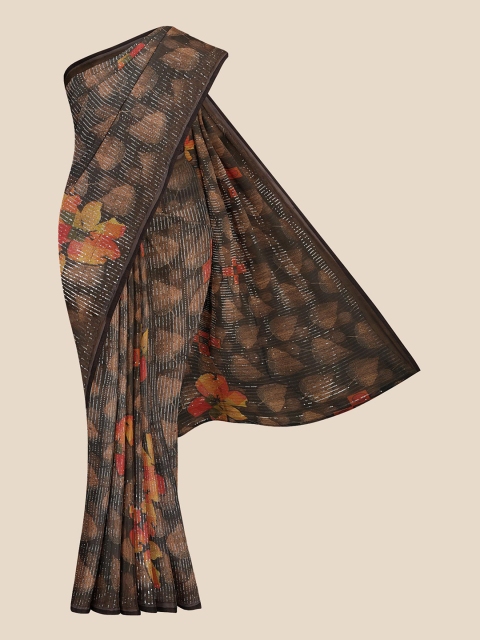 

KLM Fashion Mall Brown & Yellow Floral Sequinned Silk Blend Saree