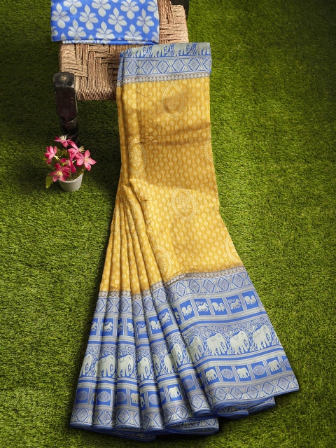 

KLM Fashion Mall Mustard Yellow & Blue Floral Silk Blend Banarasi Saree