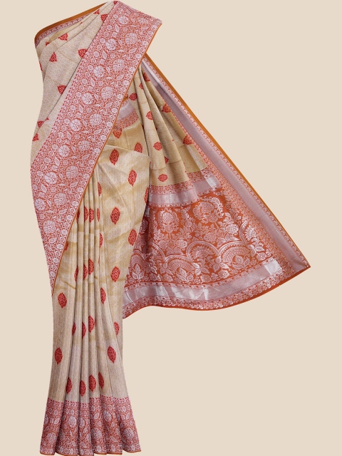 

KLM Fashion Mall Beige & Red Ethnic Motifs Pure Silk Banarasi Saree