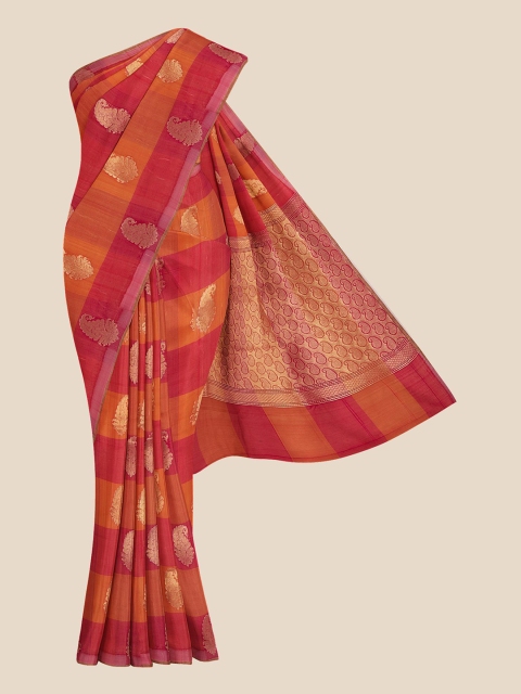 

KLM Fashion Mall Pink & Orange Ethnic Motifs Zari Silk Blend Banarasi Saree