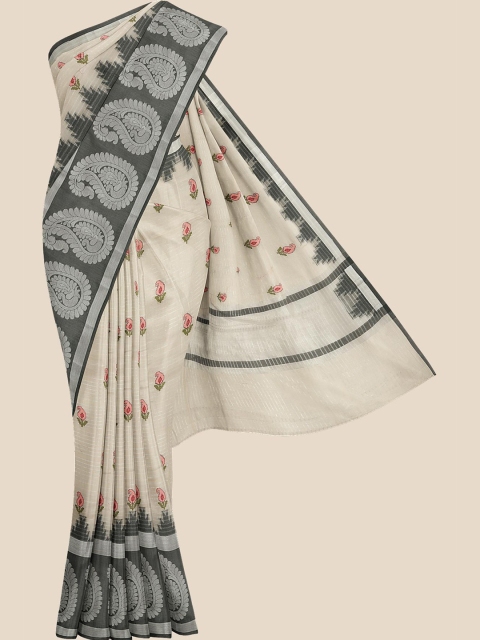 

KLM Fashion Mall Cream-Coloured & Black Paisley Banarasi Saree