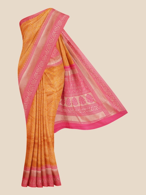 

KLM Fashion Mall Mustard Yellow & Pink Ethnic Motifs Zari Silk Blend Banarasi Saree