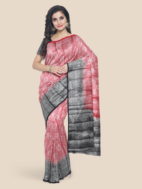 

KLM Fashion Mall Red & Grey Floral Zari Silk Blend Banarasi Saree