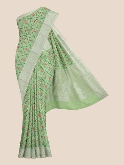 

KLM Fashion Mall Green & Pink Floral Silk Blend Banarasi Saree