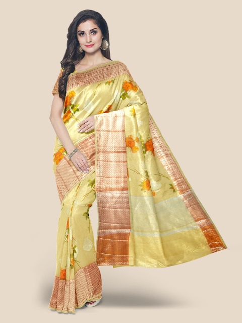 

KLM Fashion Mall Yellow & Orange Floral Zari Silk Blend Banarasi Saree