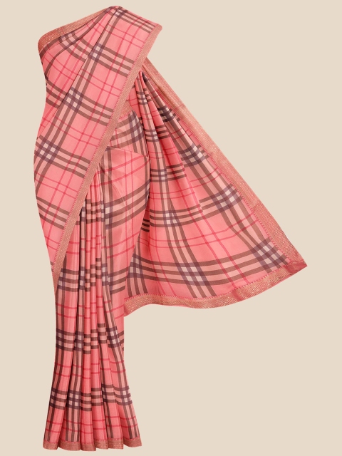 

KLM Fashion Mall Pink & Brown Checked Jaali Saree