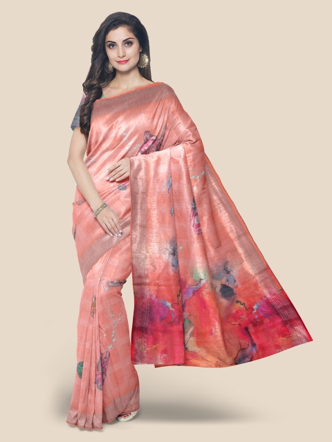 

KLM Fashion Mall Pink & Orange Zari Linen Blend Saree