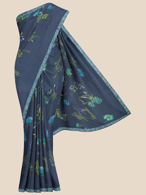 

KLM Fashion Mall Navy Blue & Green Floral Saree
