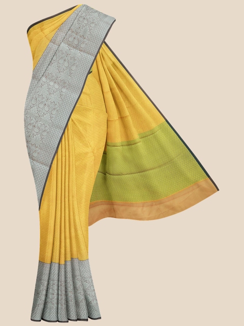 

KLM Fashion Mall Yellow & Grey Floral Silk Blend Banarasi Saree