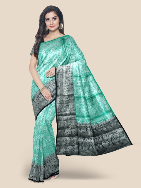 

KLM Fashion Mall Green & Black Floral Zari Silk Blend Banarasi Saree