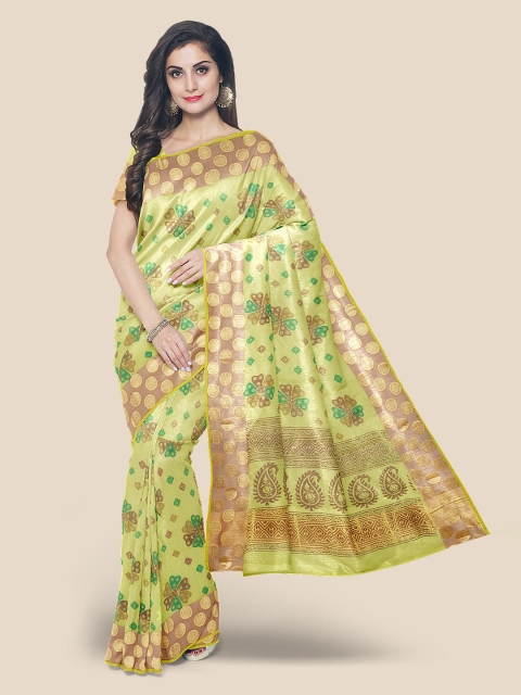 

KLM Fashion Mall Yellow & Green Floral Zari Banarasi Saree