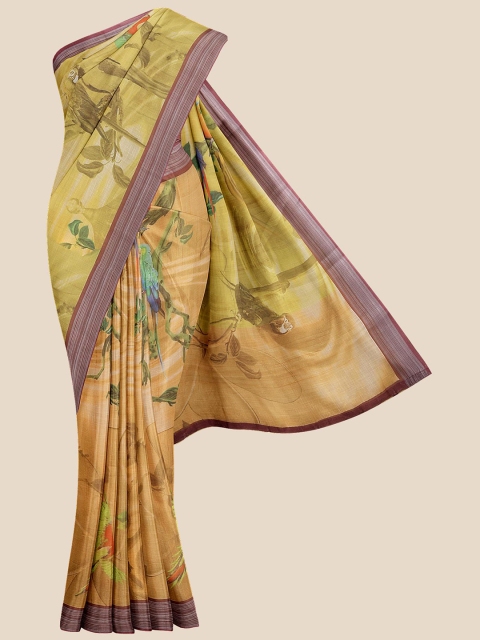 

KLM Fashion Mall Mustard Yellow & Purple Floral Linen Blend Banarasi Saree