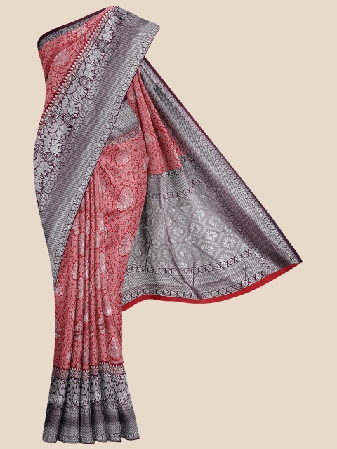 

KLM Fashion Mall Red & Silver-Toned Ethnic Motifs Zari Silk Blend Banarasi Saree