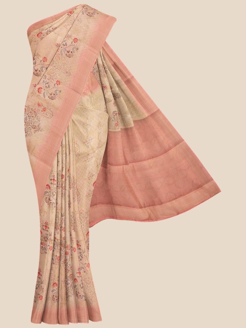 

KLM Fashion Mall Cream-Coloured & Pink Floral Pure Silk Banarasi Saree