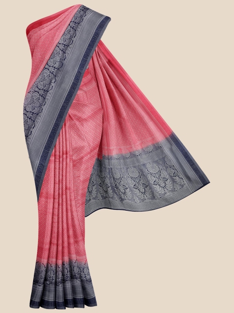 

KLM Fashion Mall Pink & Blue Checked Pure Silk Banarasi Saree