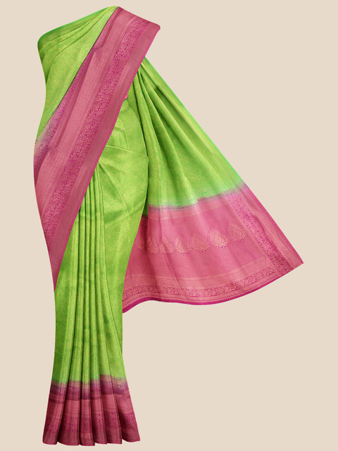 

KLM Fashion Mall Green & Pink Ethnic Motifs Zari Silk Blend Banarasi Saree