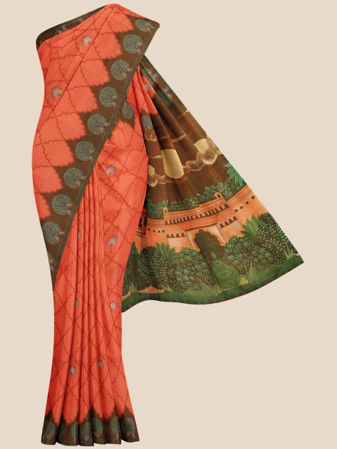 

KLM Fashion Mall Pink & Brown Kalamkari Banarasi Saree