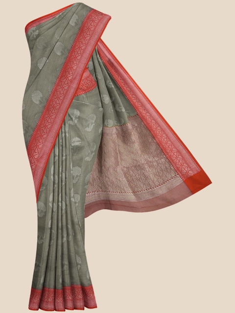 

KLM Fashion Mall Grey & Red Floral Zari Silk Blend Banarasi Saree