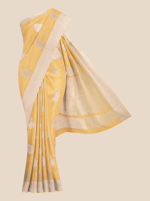 

KLM Fashion Mall Yellow & Silver-Toned Ethnic Motifs Zari Silk Blend Banarasi Saree