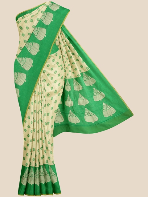 

KLM Fashion Mall Cream-Coloured & Green Ethnic Motifs Pure Silk Banarasi Saree