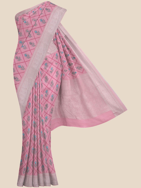 

KLM Fashion Mall Pink & Green Floral Embroidered Silk Blend Banarasi Saree