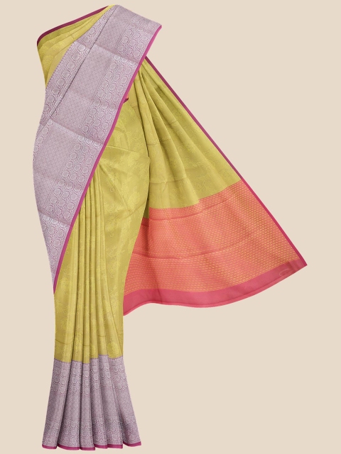 

KLM Fashion Mall Green & Orange Floral Zari Silk Blend Banarasi Saree