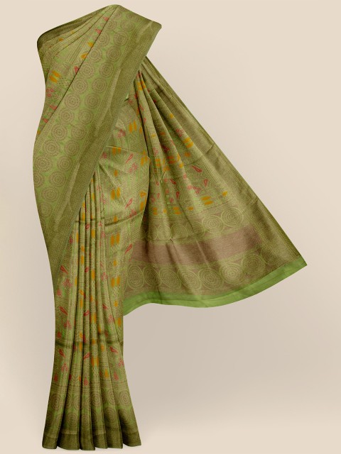 

KLM Fashion Mall Green & Brown Ethnic Motifs Silk Blend Banarasi Saree