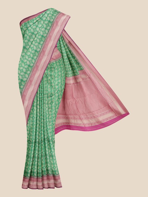 

KLM Fashion Mall Green & Pink Ethnic Motifs Zari Silk Blend Banarasi Saree