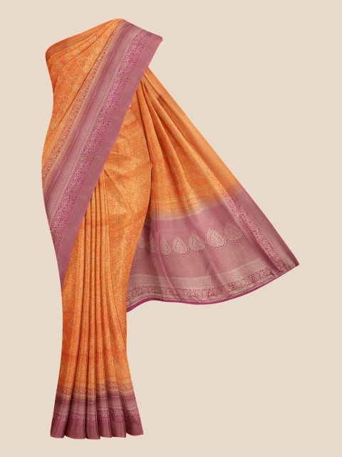 

KLM Fashion Mall Orange & Pink Floral Zari Silk Blend Banarasi Saree