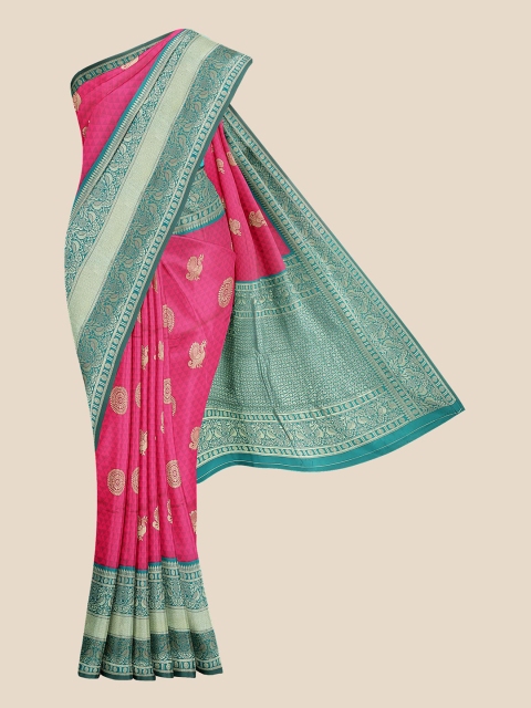 

KLM Fashion Mall Pink & Sea Green Ethnic Motifs Zari Silk Blend Banarasi Saree