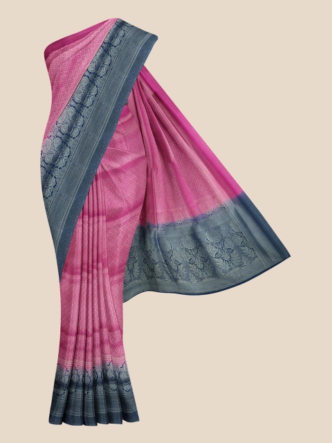 

KLM Fashion Mall Pink & Navy Blue Ethnic Motifs Zari Silk Blend Banarasi Saree
