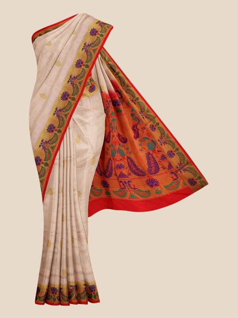 

KLM Fashion Mall Cream-Coloured & Beige Ethnic Motifs Silk Blend Banarasi Saree