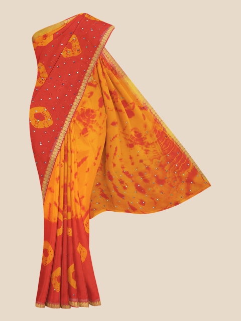

KLM Fashion Mall Mustard & Red Bandhani Mirror Work Silk Blend Banarasi Saree