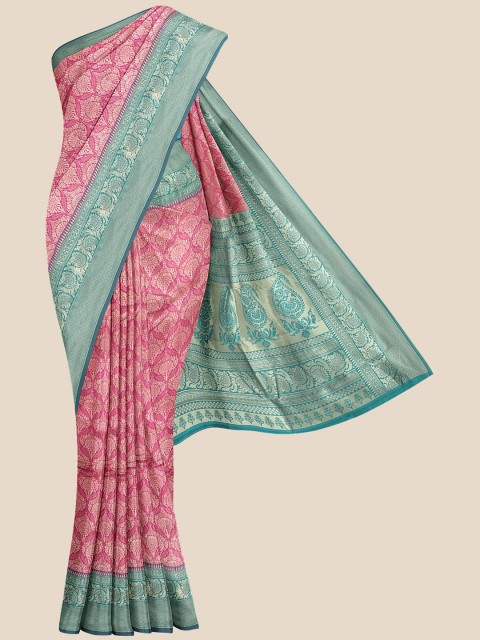 

KLM Fashion Mall Pink & Green Woven Design Silk Blend Banarasi Saree