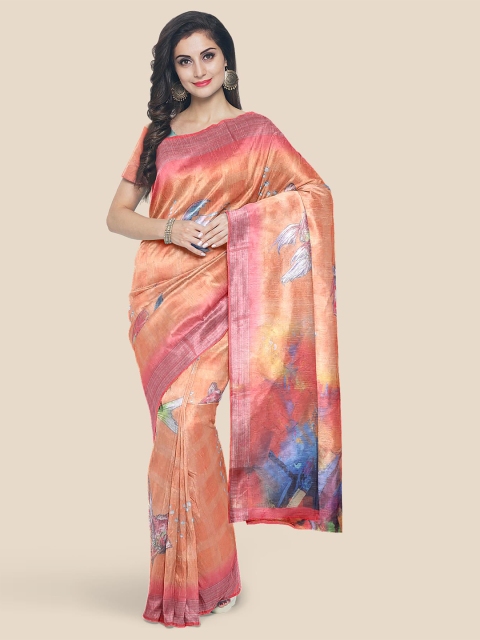 

KLM Fashion Mall Orange & Pink Printed Linen Blend Saree