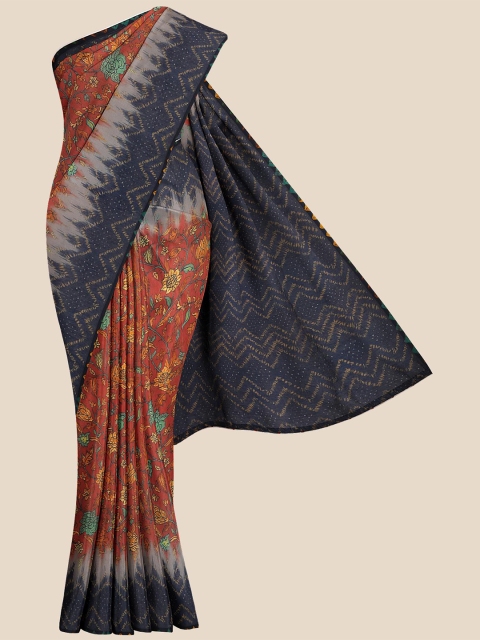 

KLM Fashion Mall Red & Navy Blue Floral Printed Chanderi Saree