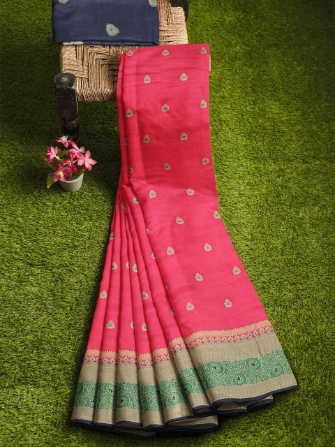 

KLM Fashion Mall Pink & Gold-Toned Woven Design Zari Silk Blend Banarasi Saree