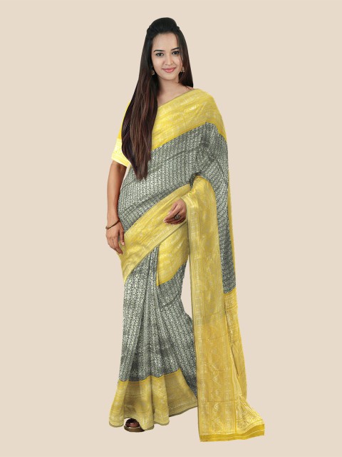 

KLM Fashion Mall Grey & Yellow Woven Design Silk Blend Banarasi Saree