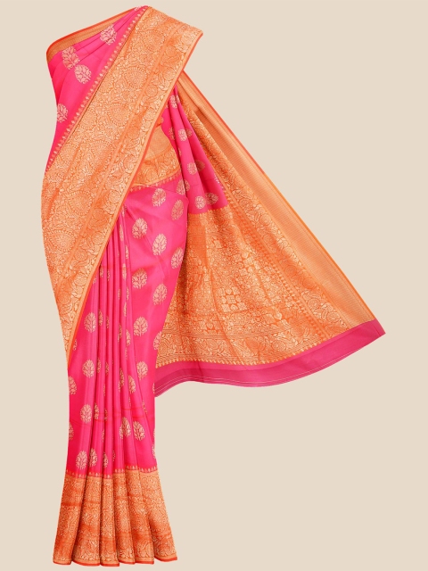 

KLM Fashion Mall Pink & Yellow Woven Design Silk Blend Banarasi Saree