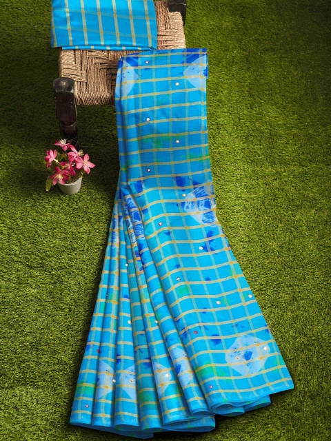 

KLM Fashion Mall Blue & Green Checked Mirror Work Banarasi Saree