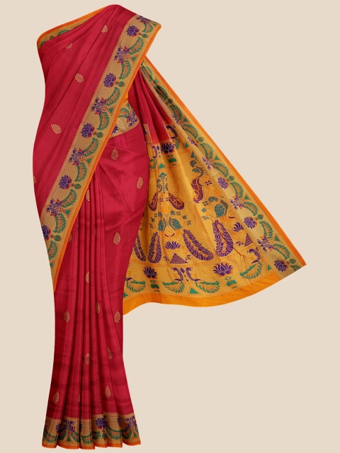 

KLM Fashion Mall Maroon & Blue Woven Design Silk Blend Banarasi Saree