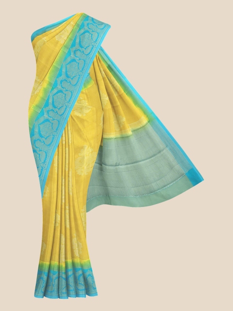 

KLM Fashion Mall Yellow & Turquoise Blue Woven Design Silk Blend Banarasi Saree