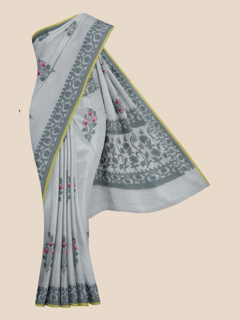 

KLM Fashion Mall Grey & Fuchsia Floral Embroidered Silk Blend Banarasi Saree