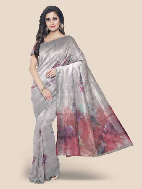 

KLM Fashion Mall Silver-Toned & Maroon Printed Linen Blend Saree