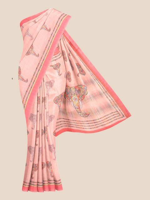 

KLM Fashion Mall Pink & Orange Ethnic Motifs Linen Blend Saree