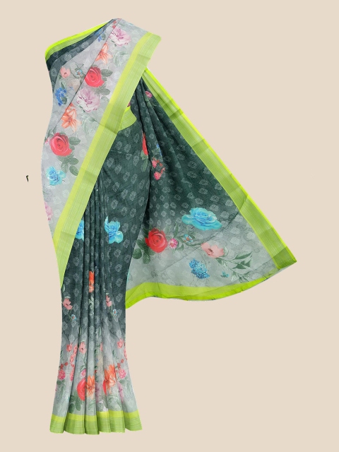

KLM Fashion Mall Grey & Green Floral Linen Blend Banarasi Saree
