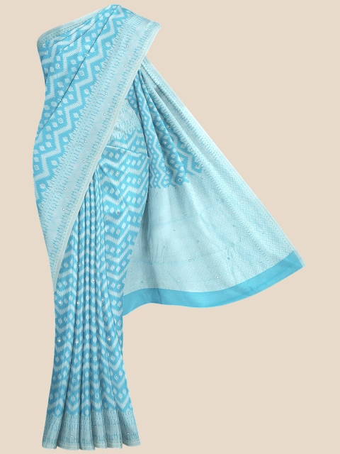 

KLM Fashion Mall Blue & Silver-Coloured Chevron Printed Pure Silk Banarasi Saree