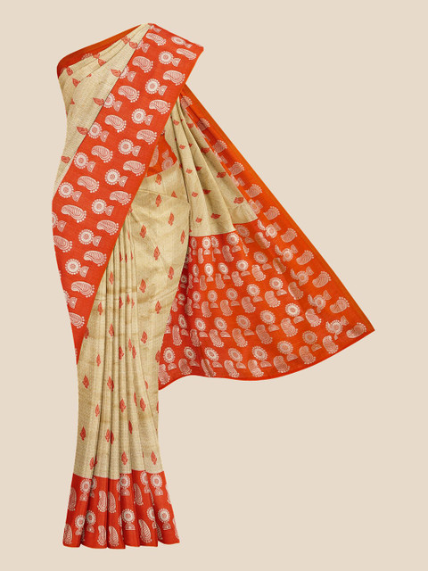 

KLM Fashion Mall Gold-Coloured & Orange Ethnic Motifs Pure Silk Banarasi Saree