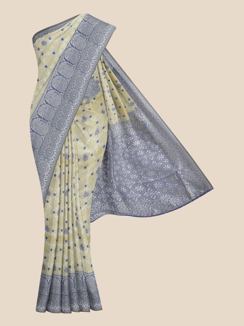 

KLM Fashion Mall Beige & Blue Floral Pure Silk Banarasi Saree