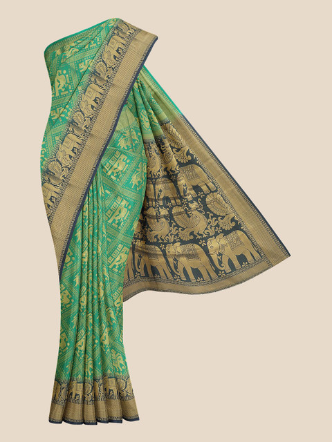 

KLM Fashion Mall Green & Navy Blue Ethnic Motifs Silk Blend Banarasi Saree